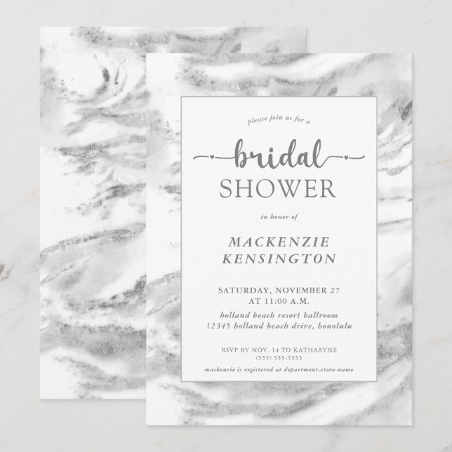 Invitation Elégante Fête des mariées en marbre argenté (Devant / Derrière)