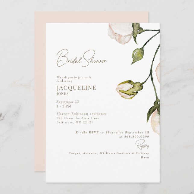 Invitation Élégante Fête des mariées florale Blush (Devant / Derrière)