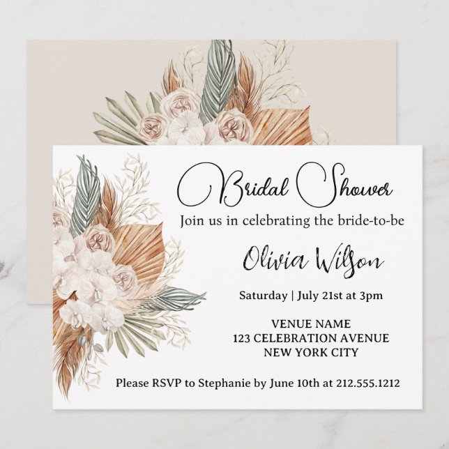 Invitation Elégante Fête des mariées florale Boho (Devant / Derrière)