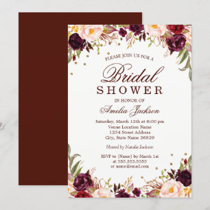 Invitation Elégante Fête des mariées Florale Bourgogne Or