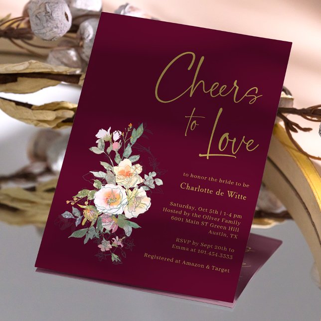 Invitation Elégante Fête des mariées Florale Bourgogne Or (Elegant Gold Burgundy Floral Bridal Shower Invitation)