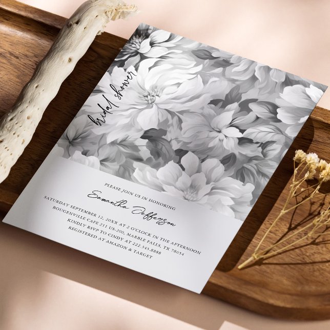 Invitation Elégante Fête des mariées florale noire et blanche (Elegant Black & White Floral Bridal Shower Invitation)
