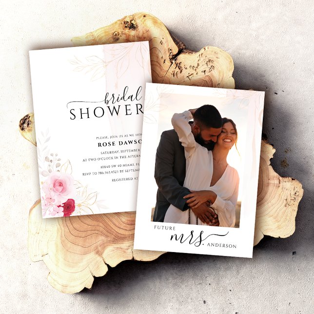 Invitation Élégante Fête des mariées florale rose rouge et or (Créateur téléchargé)