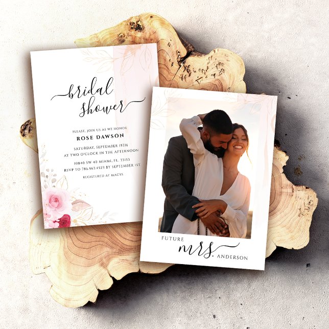 Invitation Élégante Fête des mariées florale rose rouge et or (Créateur téléchargé)