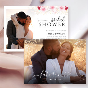 Invitation Élégante Fête des mariées florale rose rouge et or