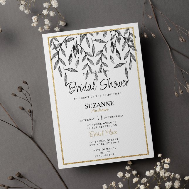 Invitation Elégante Fête des mariées florale simple or blanc (Elegant white gold simple floral Bridal Shower)