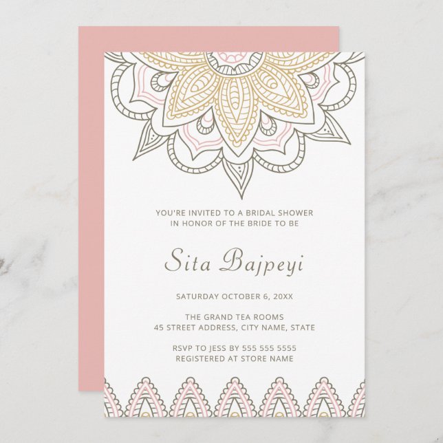 Invitation Élégante Fête des mariées hindoue indienne rose Me (Devant / Derrière)