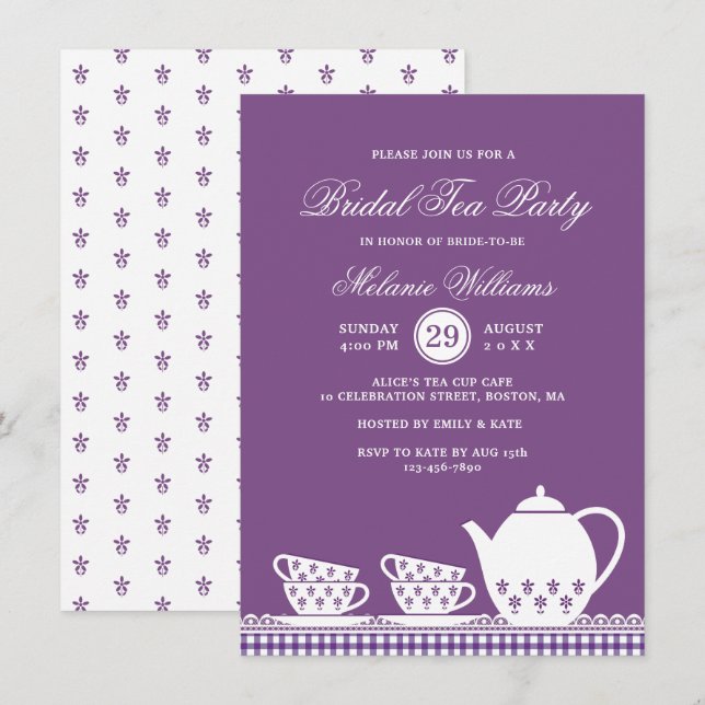 Invitation Elégante Fête des mariées moderne Purple Tea Party (Devant / Derrière)