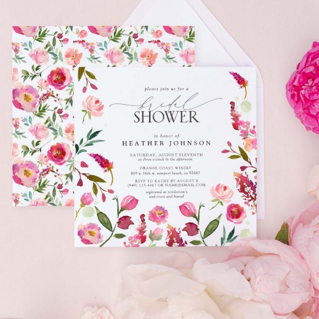 Invitation Elégante Fête des mariées rose Aquarelle (Bright Blooms for the Bride-to-Be 🌸)