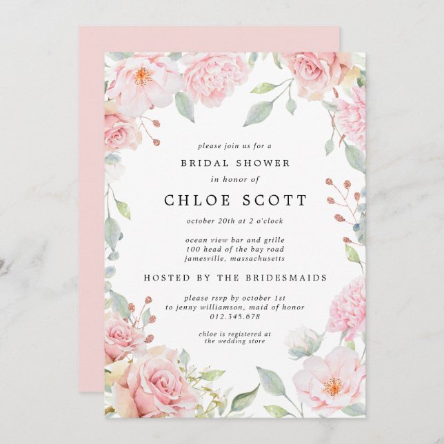 Invitation Elégante Fête des mariées rose florale et Rose or\ (Devant / Derrière)