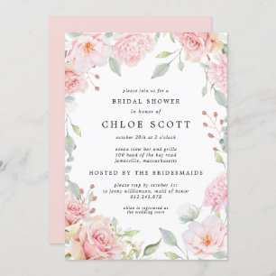 Invitation Elégante Fête des mariées rose florale et Rose or\