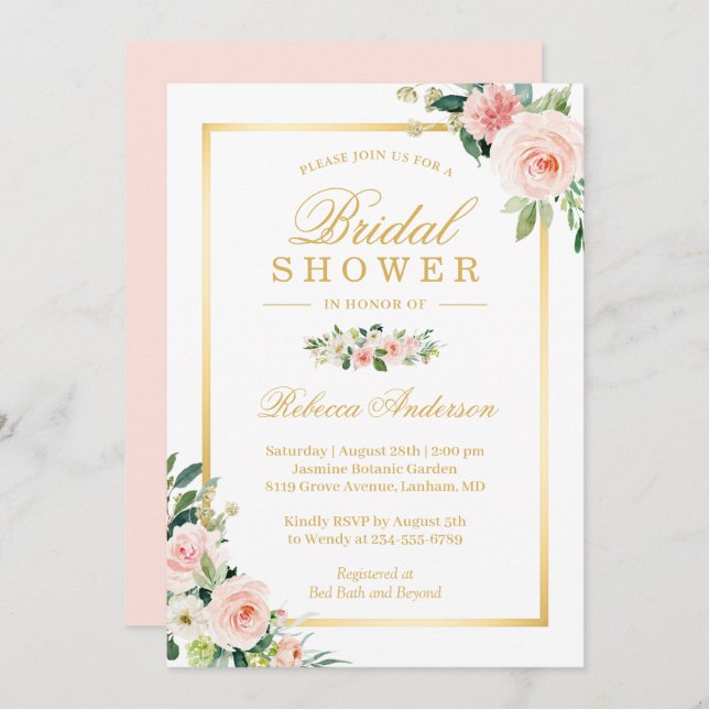 Invitation Élégante Fête des mariées rose florale or rose (Devant / Derrière)