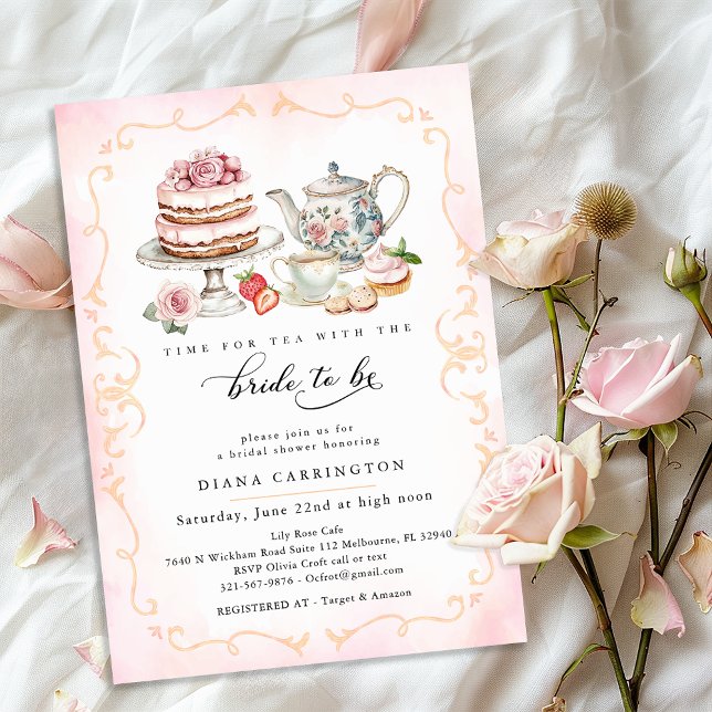 Invitation Elégante Fête des mariées Tea Party - Rose Floral (Bridal Shower Invite)