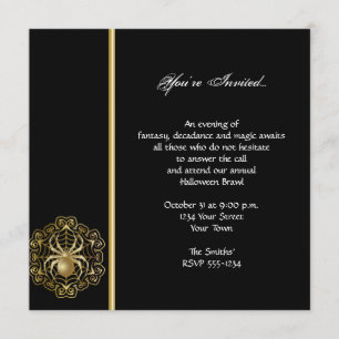 Invitation Élégante fête d'Halloween Black and Gold Spider