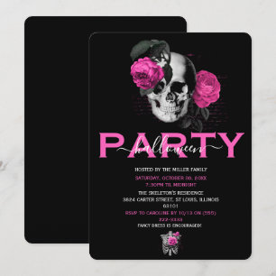Invitation Élégante fête d'Halloween crâne floral rose chaud
