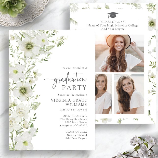 Invitation Élégante fête d'obtention du diplôme de verdure (Elegant Greenery Graduation Party Invitation with Photo Collage by Painted Paperie
)