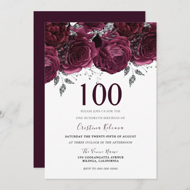 Invitation Élégante fête du 100e anniversaire des Roses du Ma (Devant / Derrière)