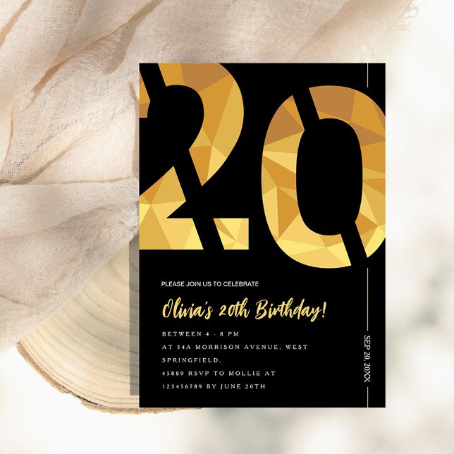 Invitation Élégante fête du 20e anniversaire noir et or (Créateur téléchargé)