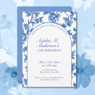 Invitation Elégante fête du 21e anniversaire bleu et blanc