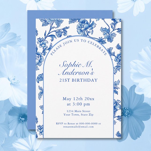 Invitation Elégante fête du 21e anniversaire bleu et blanc (Créateur téléchargé)