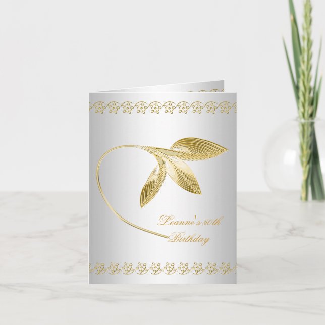 Invitation Élégante fête du 50e anniversaire Blanc or floral (Devant)
