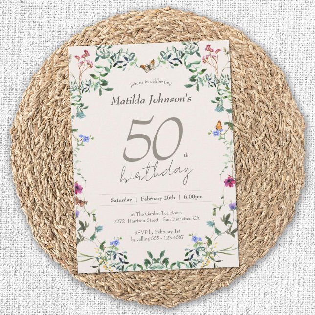 Invitation Élégante fête du 50e anniversaire des Fleurs sauva (Elegant 50th Birthday Wildflowers Floral Invitation)