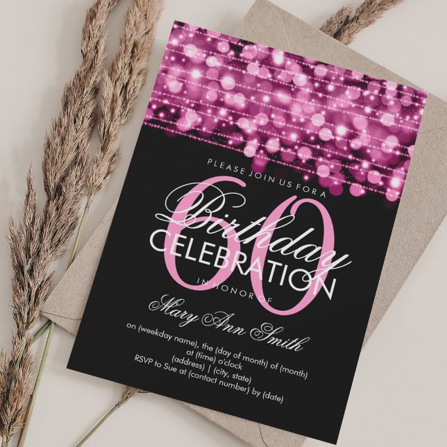 Invitation Élégante fête du 60e anniversaire éclaire rose (Elegant 60th Birthday Party Sparkles Pink Invitation)