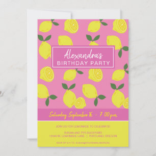 Invitation Élégante fête du citron rose et jaune