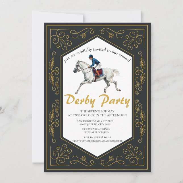 Invitation Élégante Fête du Derby à Cheval Blanc et Filigrane (Devant)