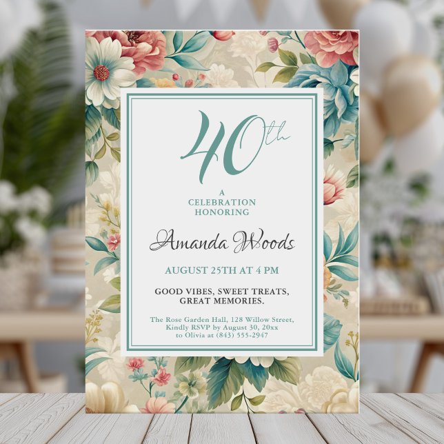 Invitation Elégante fête florale 40e anniversaire (Créateur téléchargé)