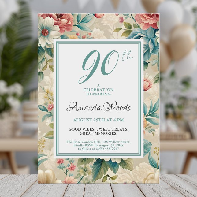 Invitation Elégante fête florale 90e anniversaire (Créateur téléchargé)
