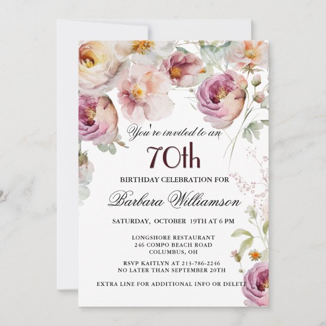 Invitation Elégante fête florale peinte 70e anniversaire (Devant)