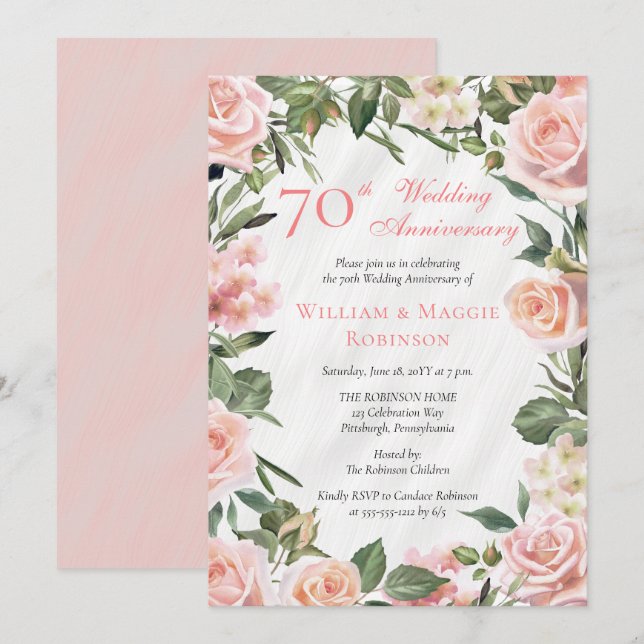 Invitation Élégante fête florale rose 70ème Mariage (Devant / Derrière)