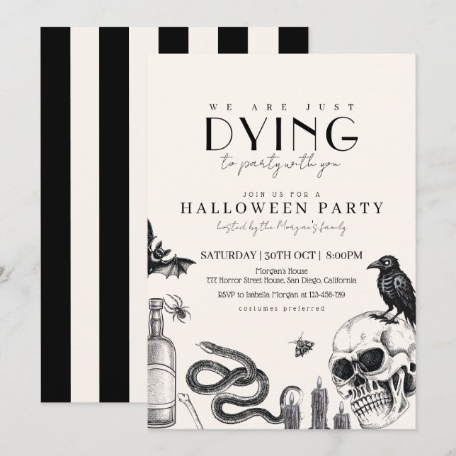Invitation Élégante fête gothique d'Halloween avec des crânes (Devant / Derrière)