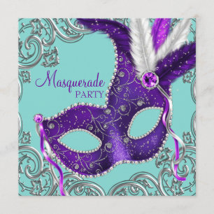 Invitation Élégante fête mascarade violette et bleue Turquois