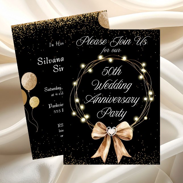 Invitation Élégante fête moderne d'anniversaire de 50 ans en  (Elegant Modern 50th Anniversary Party Gold Black Invitation)