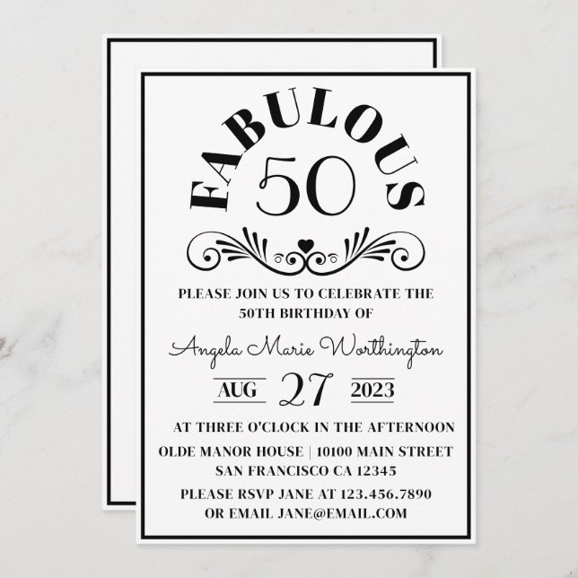 Invitation Élégante fête moderne noire et blanche Fifty fabul (Devant / Derrière)