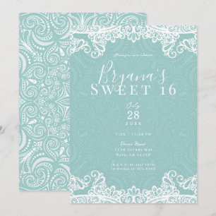 Invitation Élégante Fête Sweet 16 Turquoise Blanc Dentelle