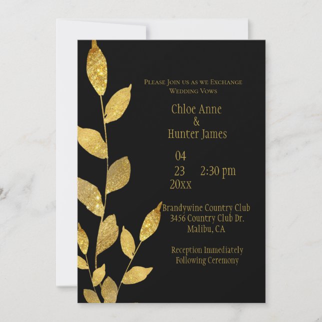 Invitation Elégante feuille d'or noir moderne Mariage chic (Devant)