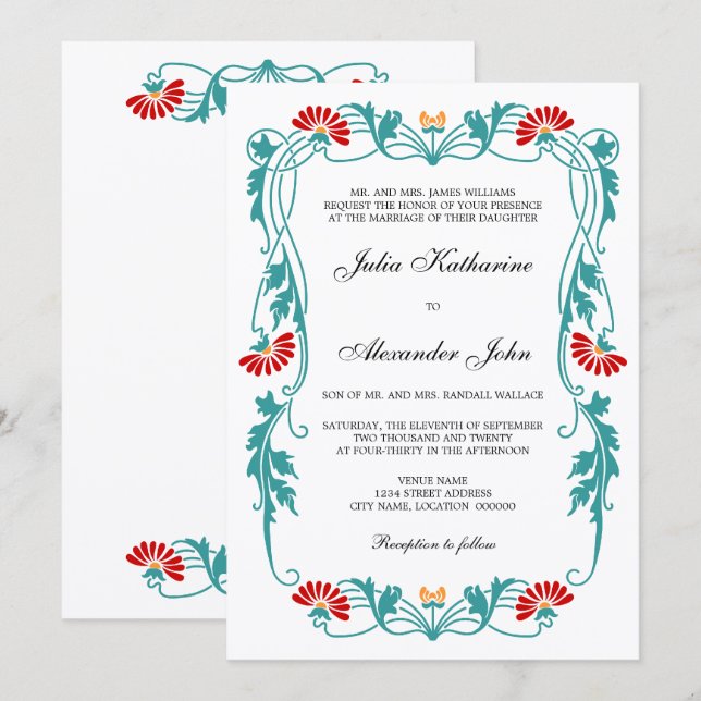 Invitation Élégante feuille florale et tourbillons (Devant / Derrière)