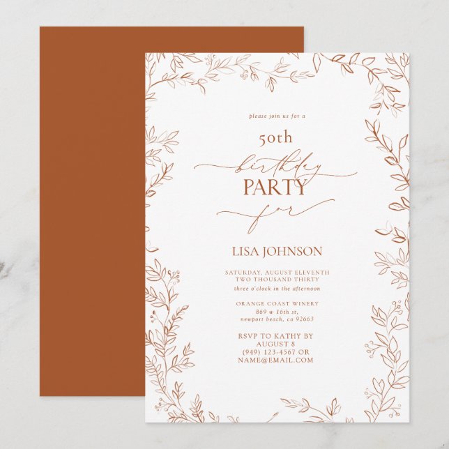 Invitation Elégante feuille moderne brûlé orange 50e annivers (Devant / Derrière)
