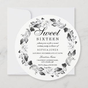 Invitation Elégante feuille noire et blanche Wreath Sweet 16