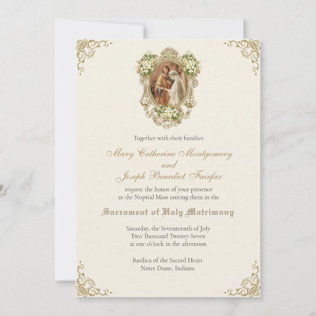 Invitation Élégante Fiançailles Catholiques Mariage Or (Devant)