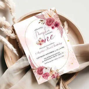 Invitation Élégante fille Citrouille rose 1er anniversaire