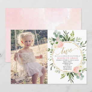 Invitation Élégante fille de 2e anniversaire rose verdoyante