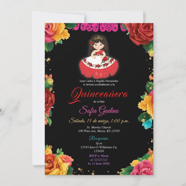 Invitation Elégante fille mignonne Fleurs colorées Quinceañer (Devant)