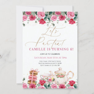 Invitation Elégante Fille Rose Floral Tea Party Anniversaire