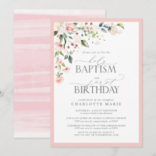 Invitation Élégante fille rose florale Baptême & 1er annivers