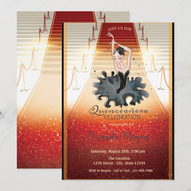 Invitation Élégante fille, Tapis rouge Quinceanera (Devant / Derrière)