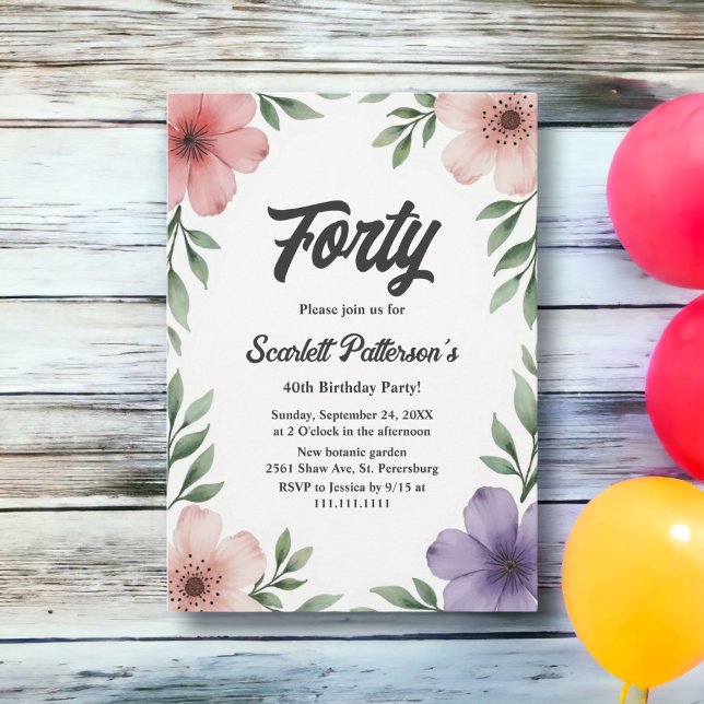 Invitation Élégante Fleur Aquarelle Rustique 40e Anniversaire (Créateur téléchargé)